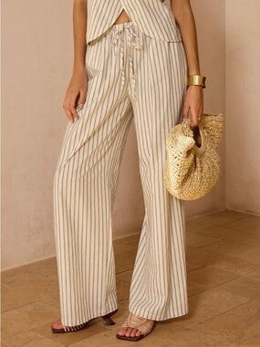 Commense Cream Wide-Leg Pants with Black Pinstripes